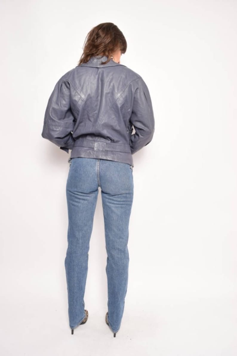 Vintage 80/'s Grey Genuine Leather Batwing Jacket Blue Grey Real Leather Jacket Belted Leather Pocket Jacket Size Small