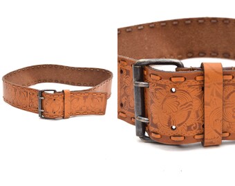 Vintage 90's Wide Brown Embossed Leather Belt with Large Double Prong Brass Metal Buckle and Open Leather Tread