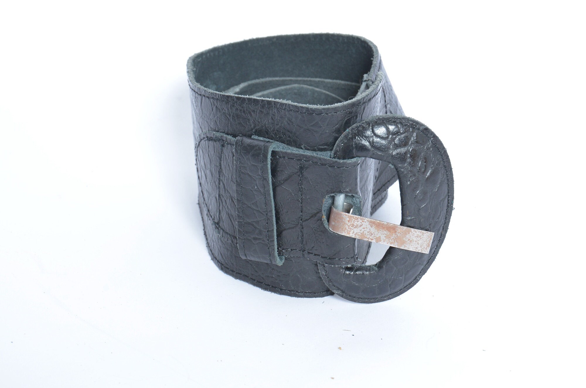 Vintage Wide 40in Reptile Leather Belt Turkey Large Oval Buckle Belt, A Vintage, Buckle, Turquoise, Zuni Snake Eye, Haloo  main image 3
