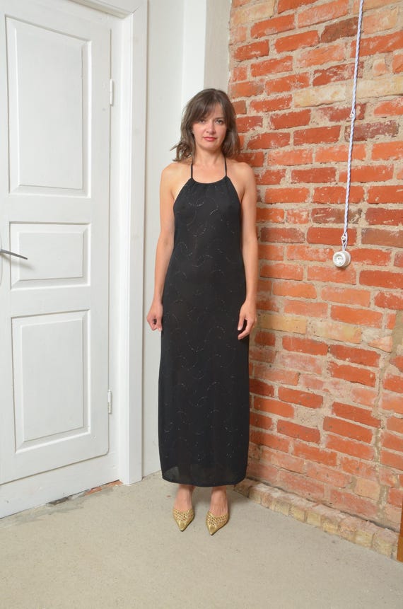 90s halter dress Vintage 1990s Black satin Model is 56 and a size small Vintage 90s Halter Backless Mid