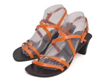 90s Vintage Strappy Sandals: Neon Orange Leather Heels (Size 8.5 US)