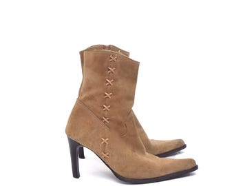 Vintage Tan Suede Ankle Boots Pointed Toe Lace Up Western Heel EU 37