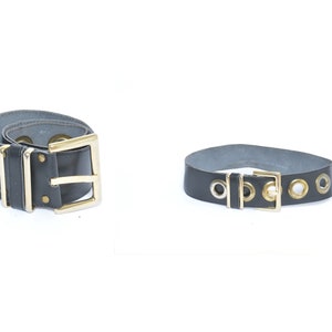 Vintage 80&#39;s Wide Black Real Genuine Leather Belt with Angular Metal Buckle And Large Metal Studs