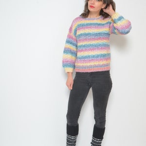 Pastel Rainbow Sweater / Vintage 90s Crochet Colorful Oversized Pullover Size Small image 7