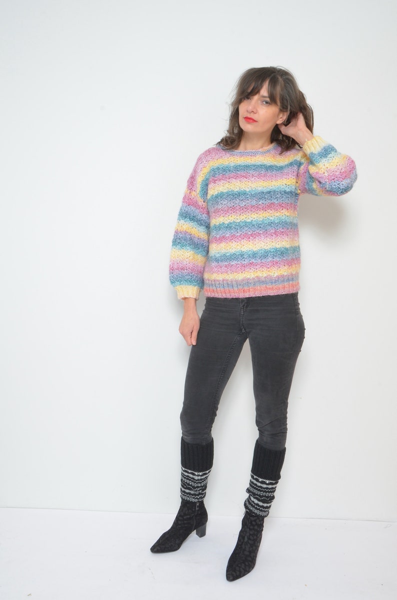 Pastel Rainbow Sweater / Vintage 90s Crochet Colorful Oversized Pullover Size Small image 7