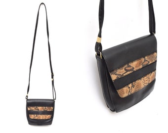 Vintage 90's Black Genuine Leather Small Shoulder Bag Purse with Brown Snakeskin