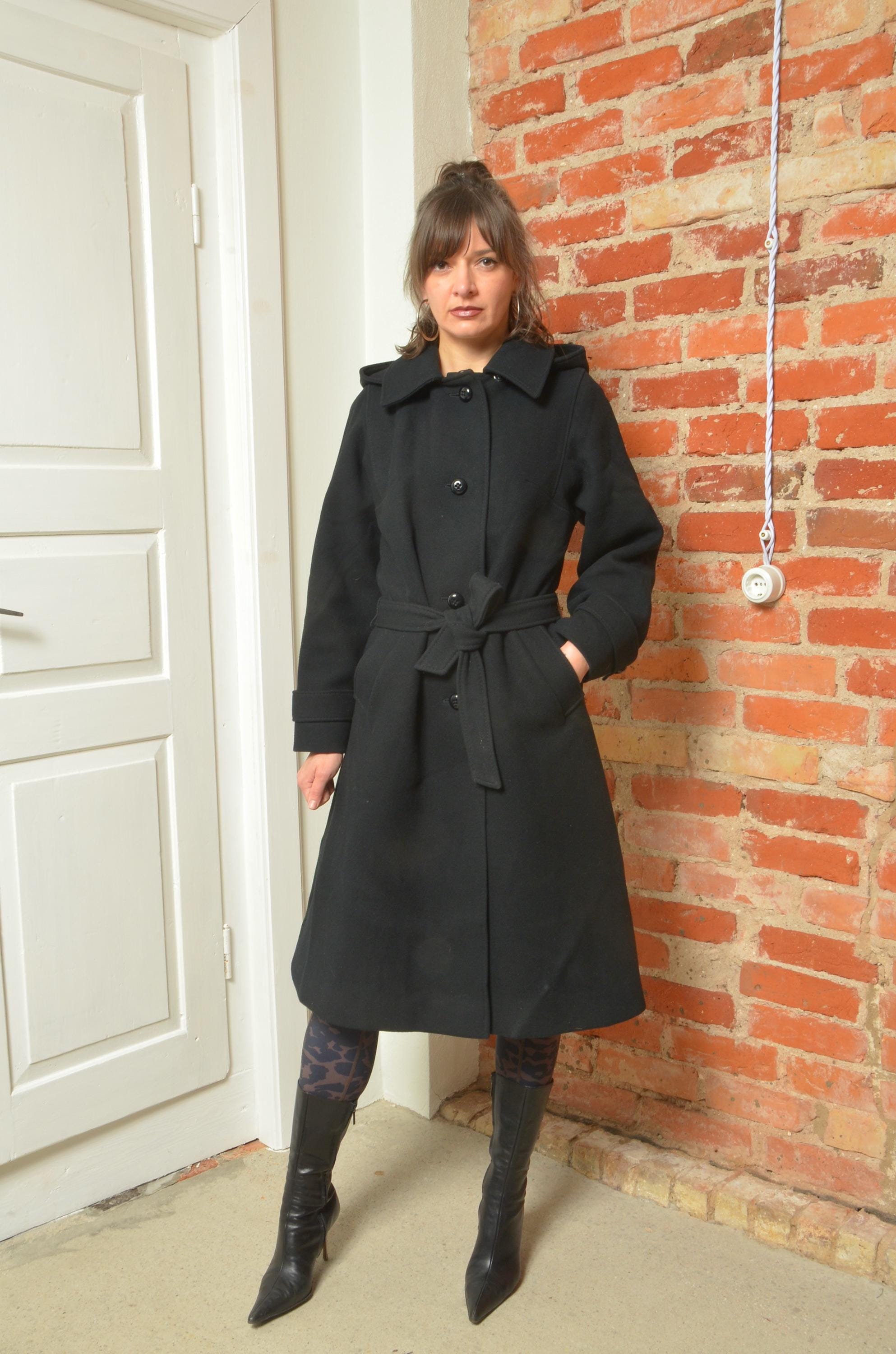 【80s】Vintage Shawl Collar Wool Coat USA Vintage 1980s Jofeld USA Black Wool Coat With Leather Trim
