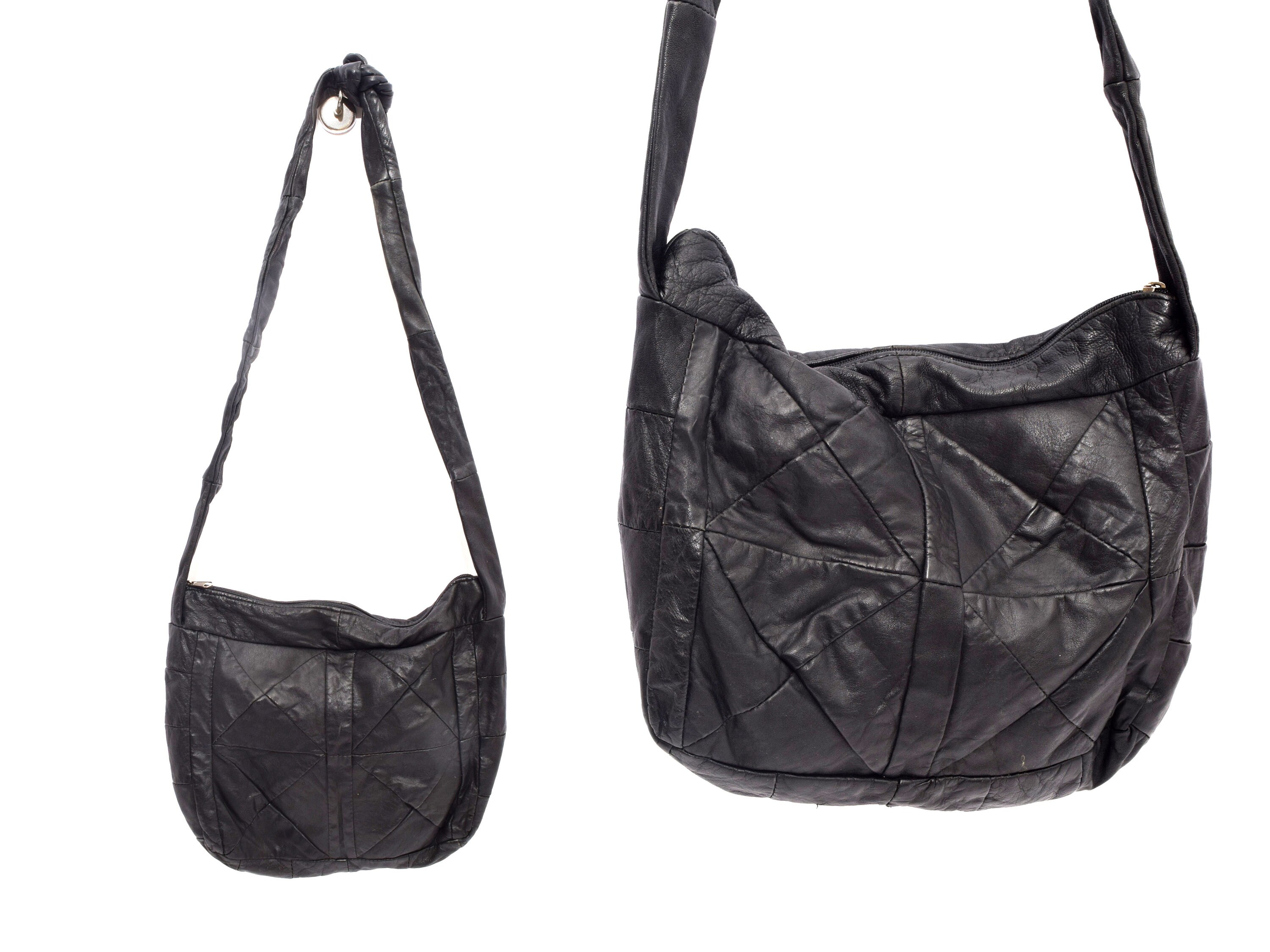 Vintage 90's Black Real Leather Patchwork Shoulder Bag With