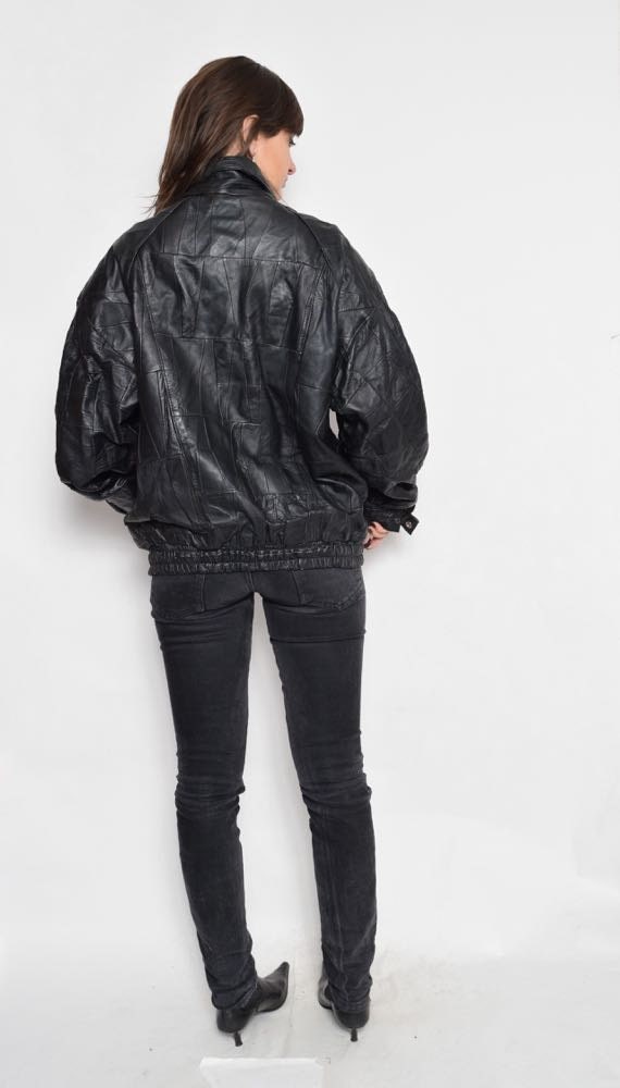 Vintage 80's Patchwork Real Leather Bomber Jacket / Black Vintage 80's Patchwork Real Leather Bomber Jacket / Black