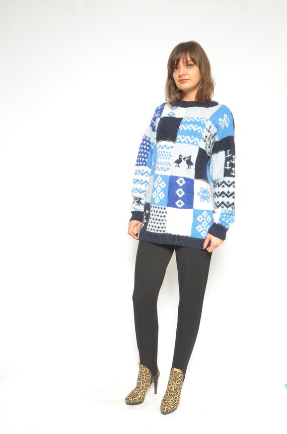 Winter Wool Sweater / Vintage 90s Patchwork Multi… - image 5