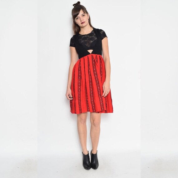 red overall skirt