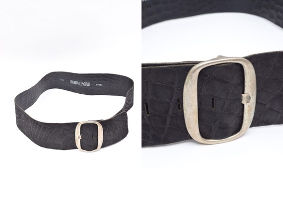 Made in France, Black leather alligator finish wide belt Black Crocodile Embossed Leather Belt | Le Alfré main image 4
