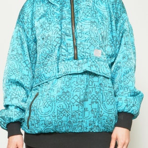 80s Abstract Print Ski Jacket / Vintage Glossy Turquoise Geometric Zipper Up Snowboarding Jumper Active Sports Wear Size Medium image 7