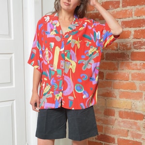 Vintage 90s abstraktes Shirt - knallig rotes Top mit durchgeknöpfter Bluse – Gr. XL/XXL