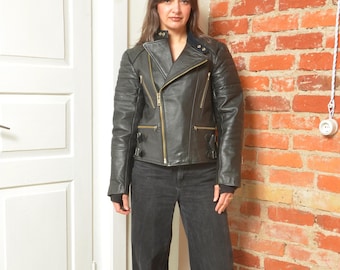 Vintage 90s Black Leather Biker Jacket Women Medium Moto Zipper Fitted