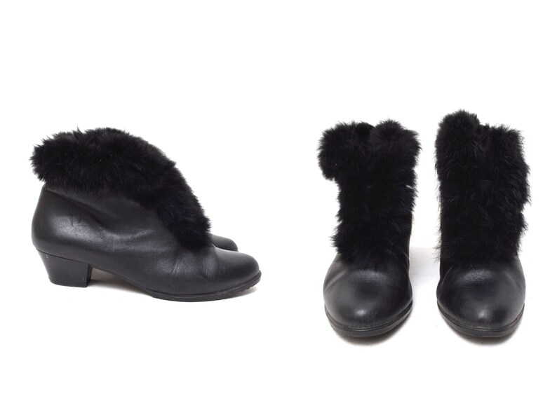 Vintage 90's Black Leather and Furry Boots With Elastic - Etsy