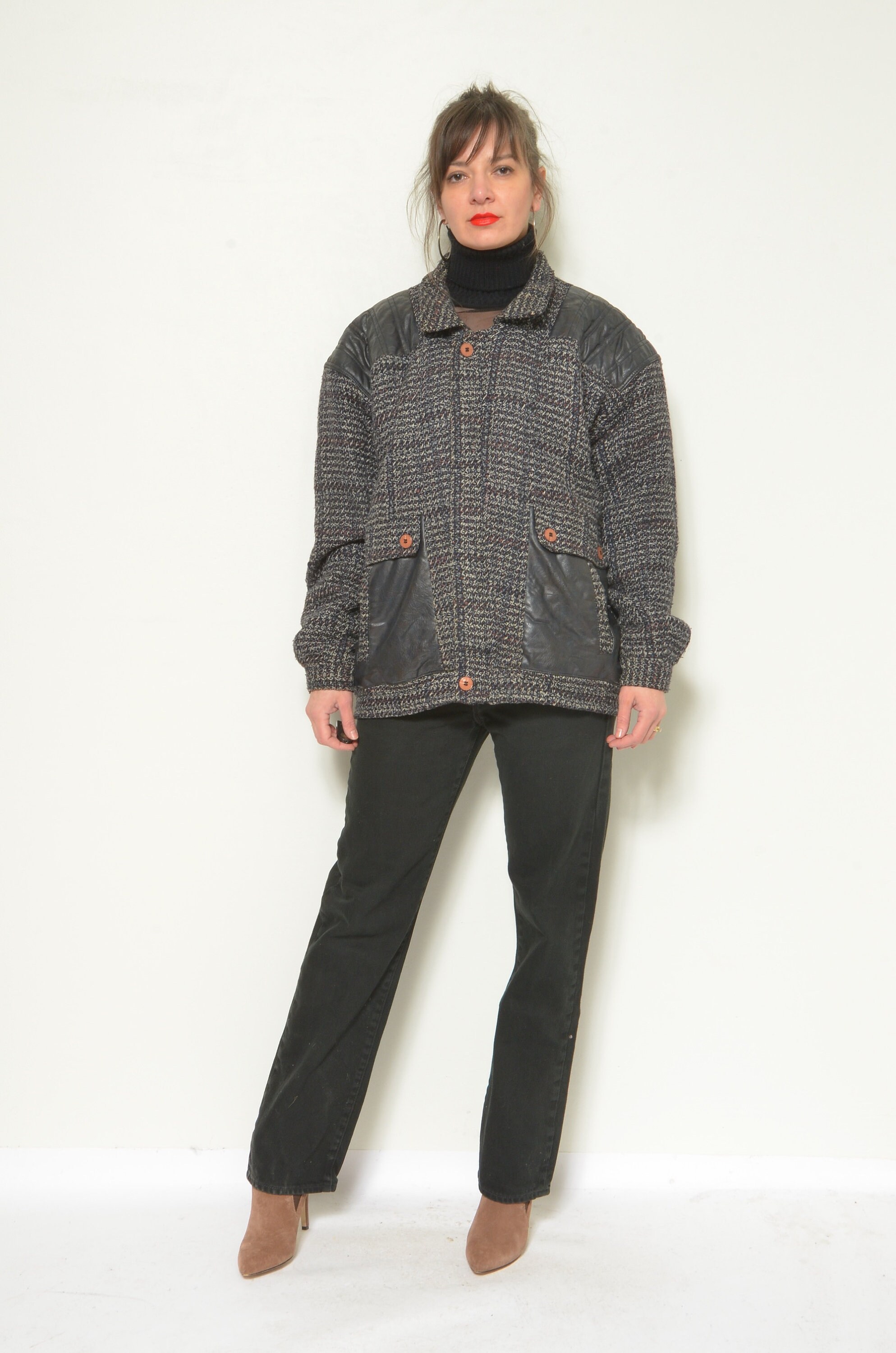 80s Vintage Wool Blend Bomber Jacket: Leather Trim, Size Large - Etsy