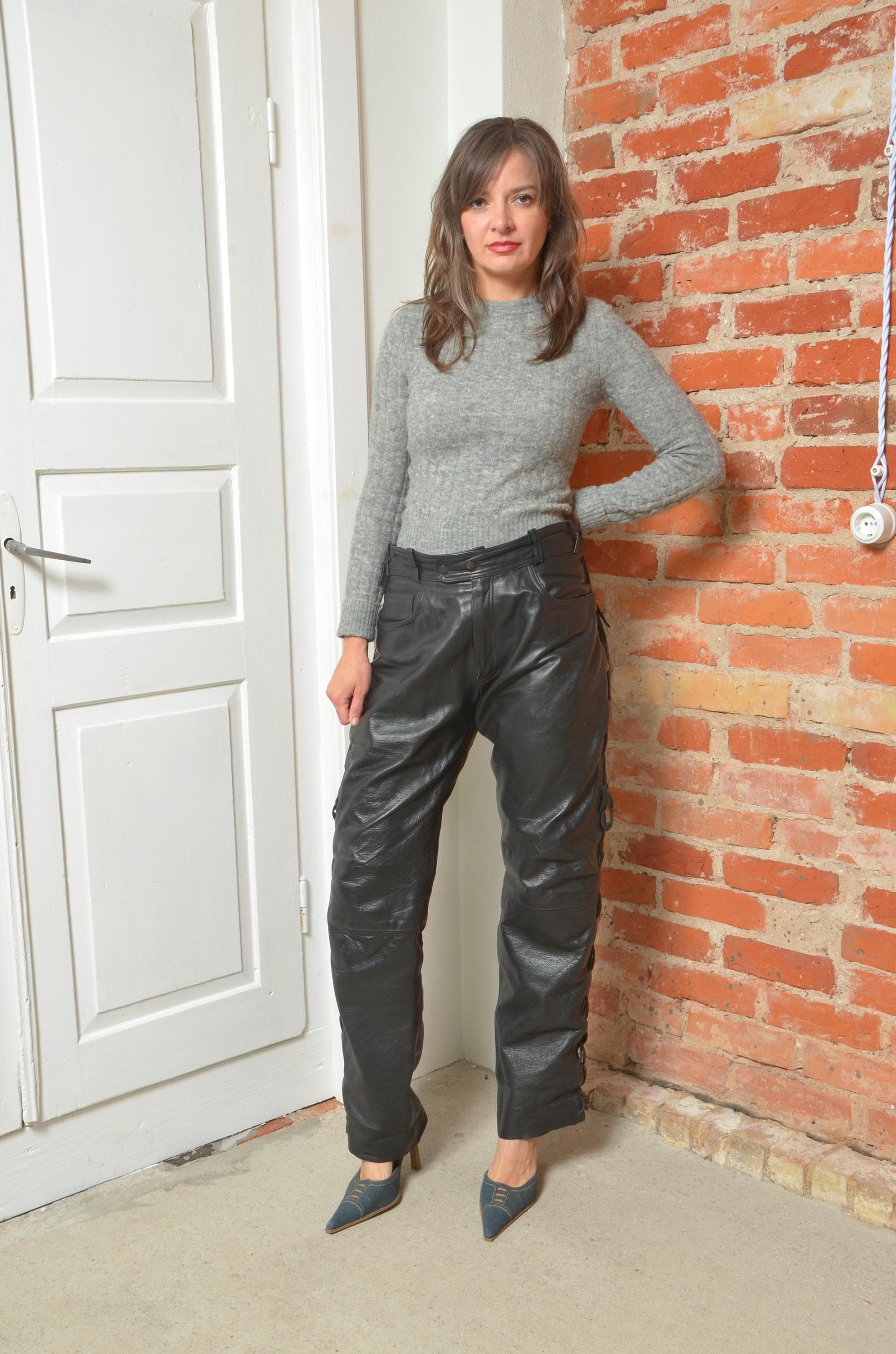 Vintage 90s Black Leather Pants With Side Lace-up Detail – Rocker