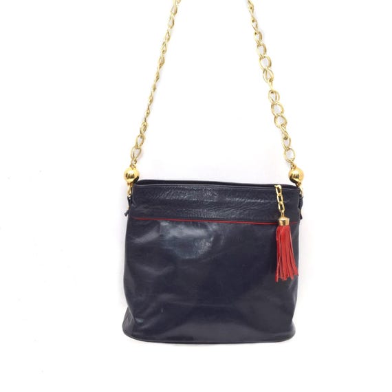 Vintage 90s Leather Shoulder Bag: Gold Chain Strap, Red Tassel - Etsy