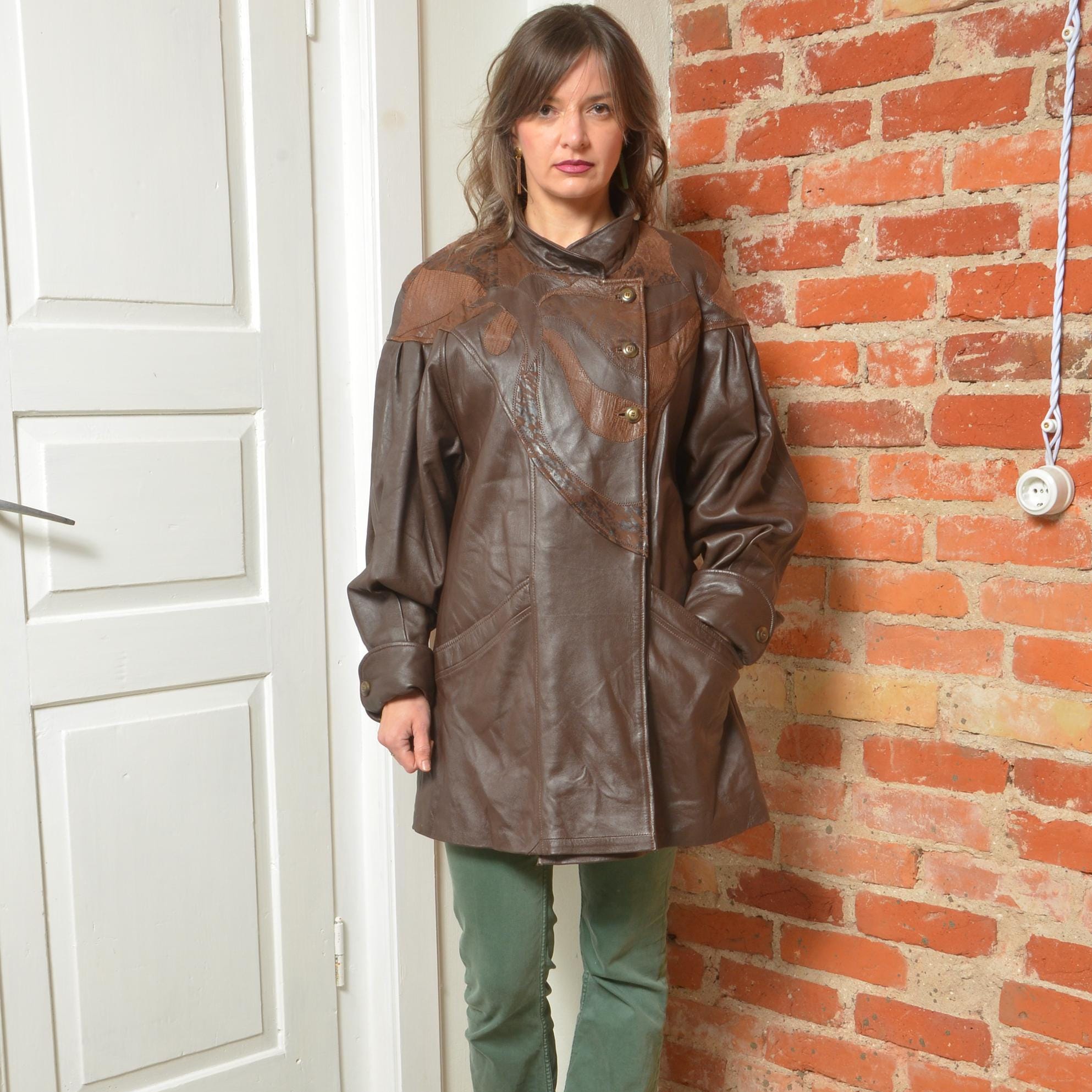 Vintage 80s Brown Leather Jacket | Patchwork Design, Puff Sleeves