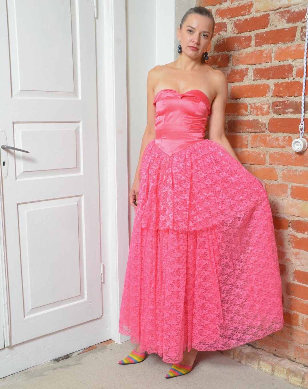 Vintage 80s Hot Pink Strapless Lace Maxi Dress - Bold Prom Party Gown, Size XXS