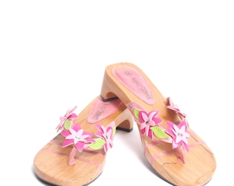Vintage 90's Wood Sandals with Pink Flower Design