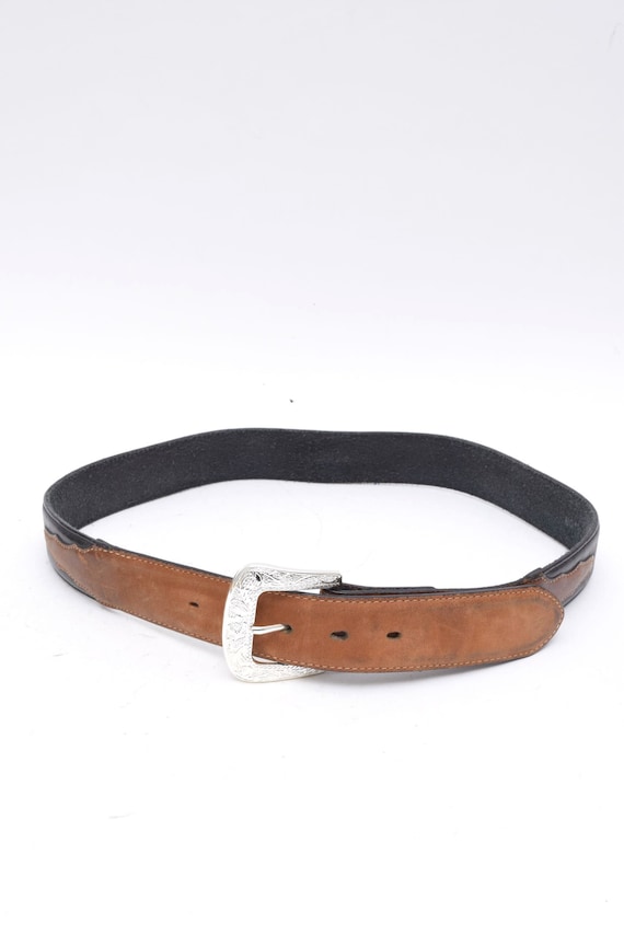 Western Vintage Black and brown Leather Belt with Silver and gold Buckle. 3x1 Silver and Gold Buckle Set Oil-Tanned Genuine Leather  main image 3