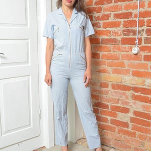 Vintage 80s Blue Striped Zip-Up Jumpsuit - Size XS