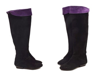 Vintage 80's Black Suede Tall Boots - Color Blocking Design Size 36 EU