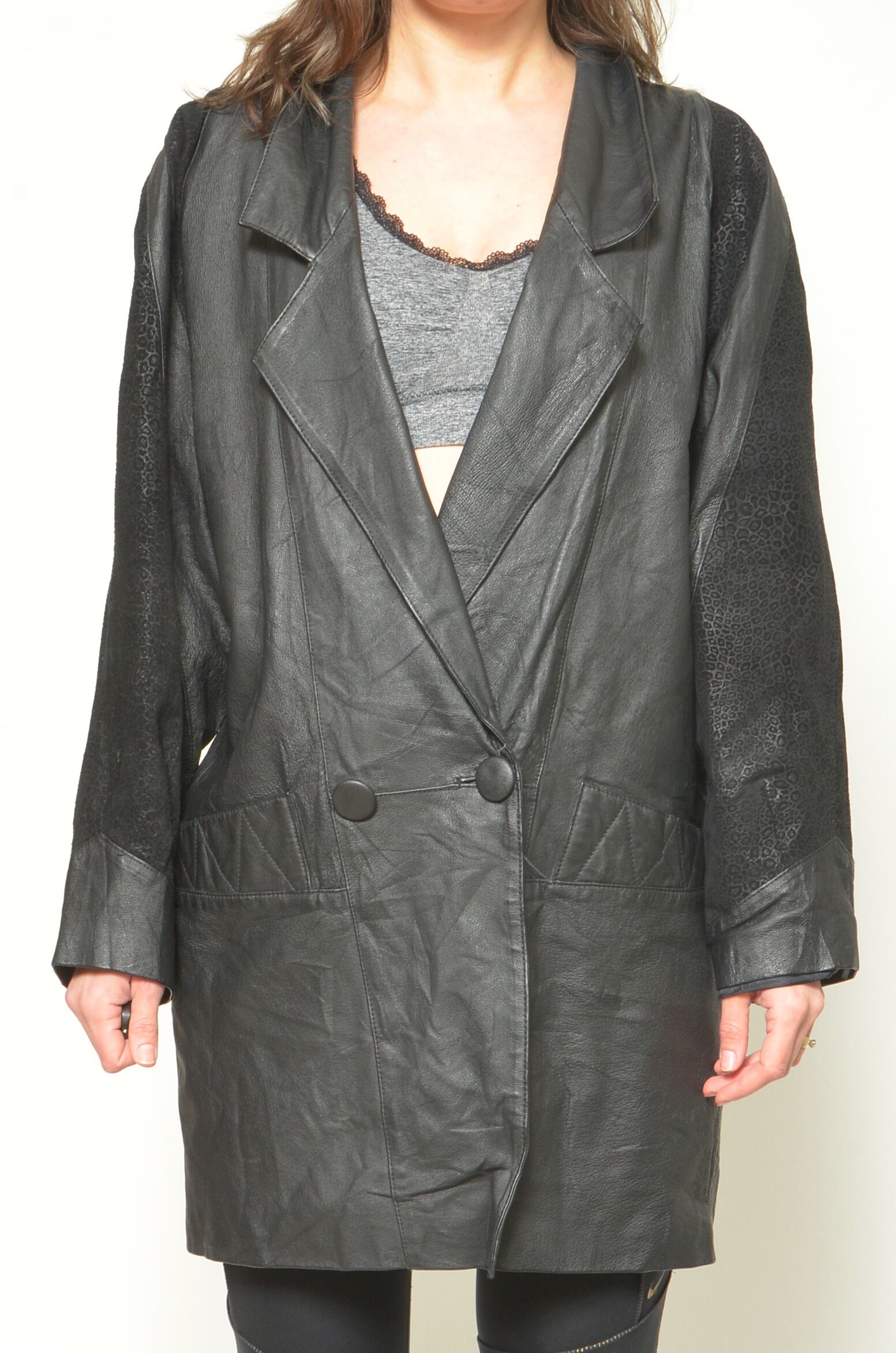 Vintage 80s Leather Button Jacket - Double Breasted Oversized