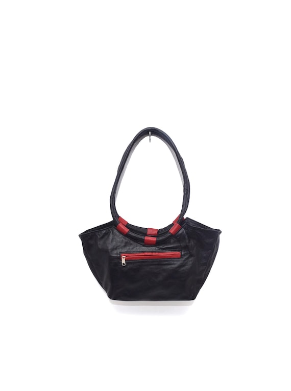 Vintage Black Leather Shoulder Bag Red Accent Purse Y2K Handbag