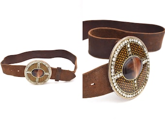 Vintage Brown 70's Style Real Leather Belt with Large Round Metal Buckle Polished Stone and Rhinestones