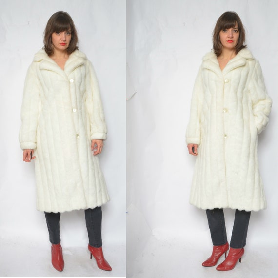 Faux Fur Winter Coat / Vintage 80s White Button L