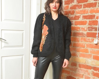 Vintage 80s Black Mohair Cardigan With Leather Appliqué – Size