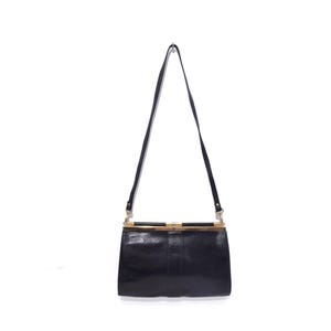 Vintage 80s Art Deco Style Black Leather Shoulder Bag Handbag Purse with Gold Details