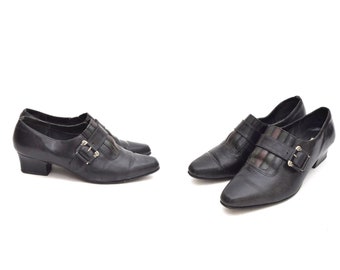 Vintage 90's Black Italian Pumps with Buckles and Burgundy and Green Stripes