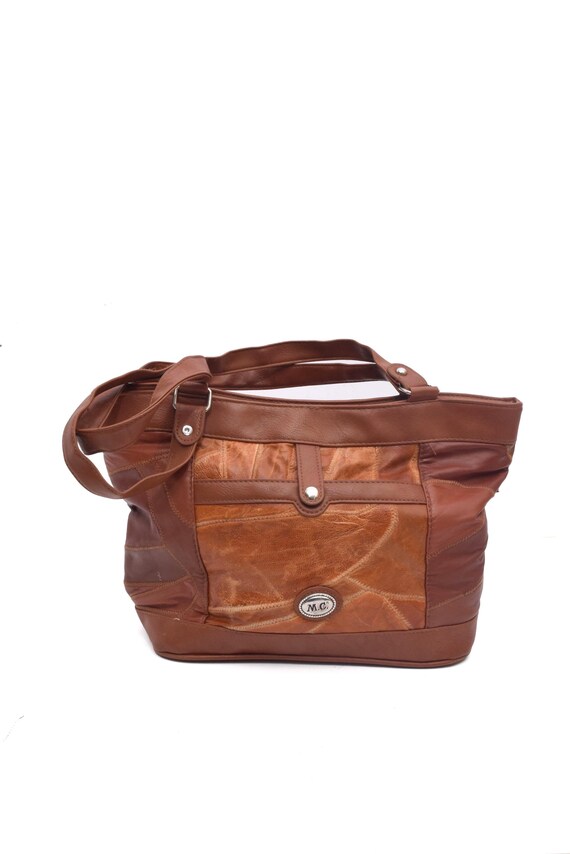 Vintage 90s Real Leather Patchwork Tote Shoulder Bag Brown