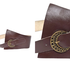Vintage 90&#39;s Brown Wide Real Leather Belt with Round Brass Buckle