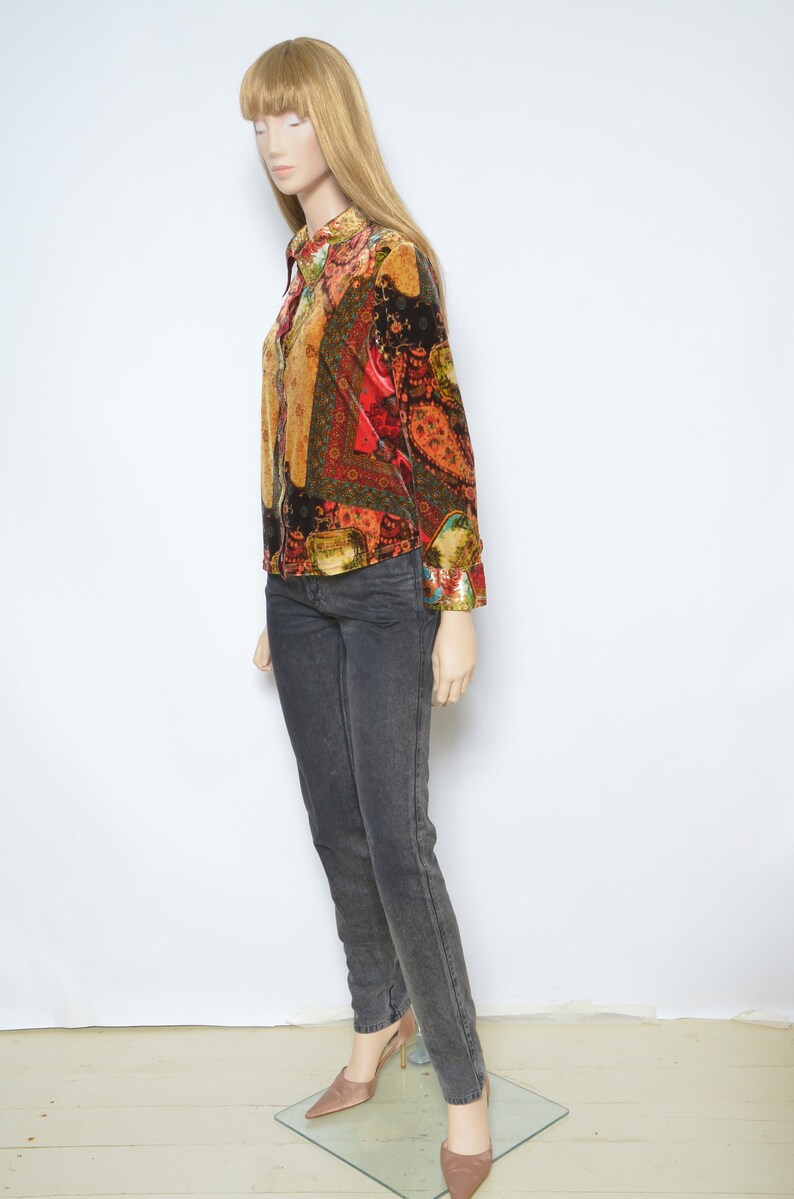 Velvet Button Top Vintage 90s Floral Colorful Long Sleeve Shirt Blouse Size Large