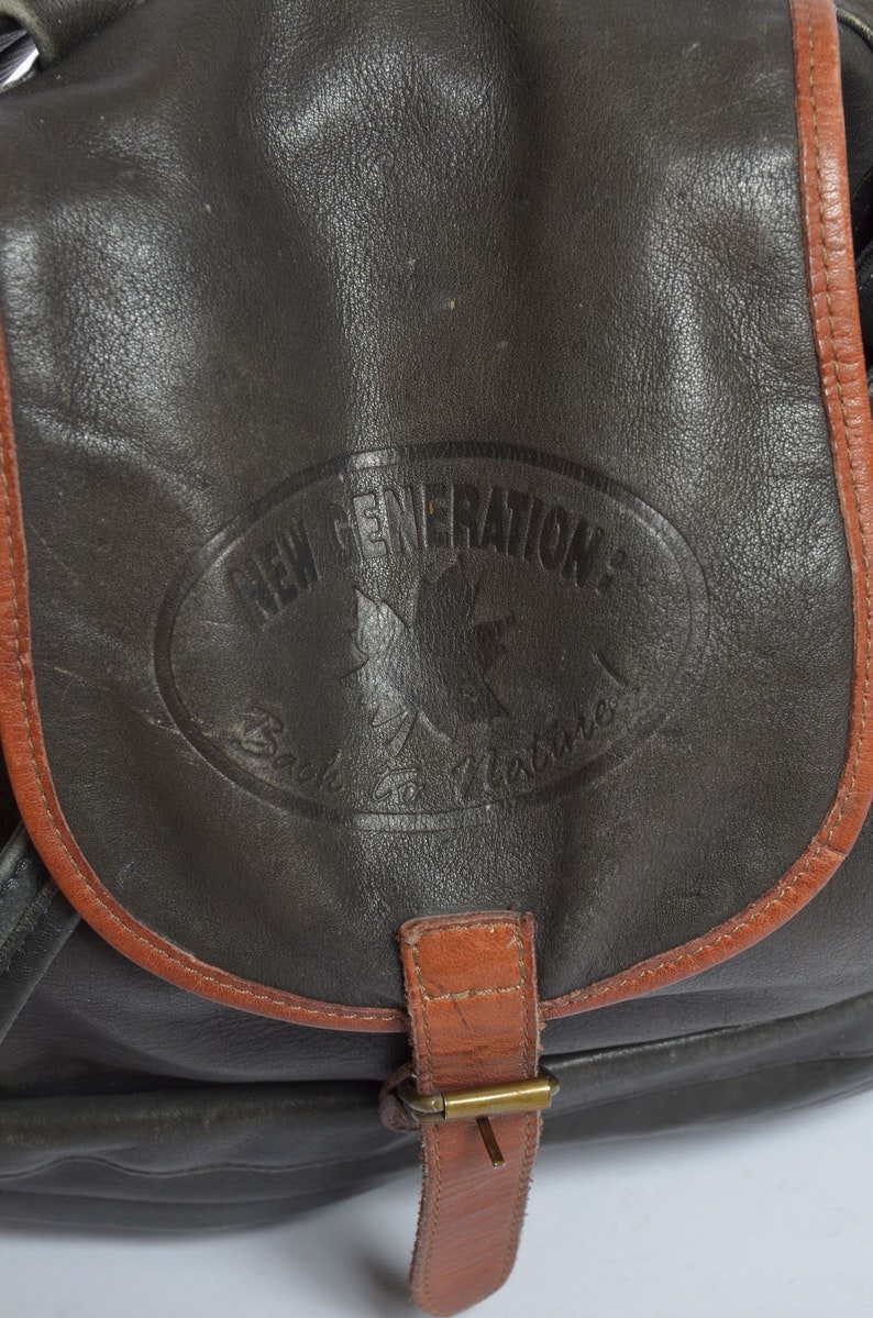 Large Vintage 90/'s Real Leather Black Backpack