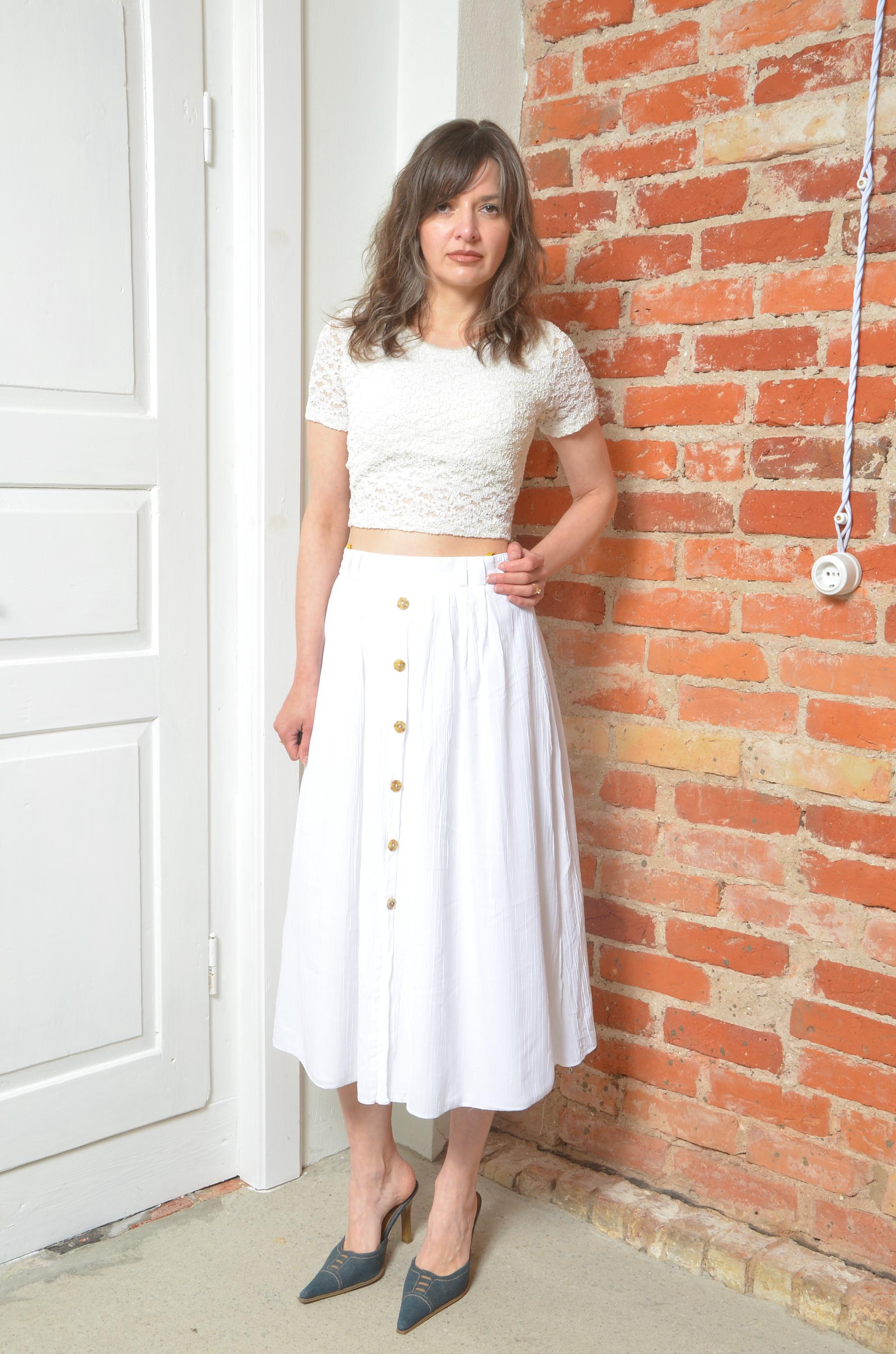 Jupe Longue Vintage APART Imprimée Marron Et Blanc – Boutonnée, Qualité Premium, Taille 44