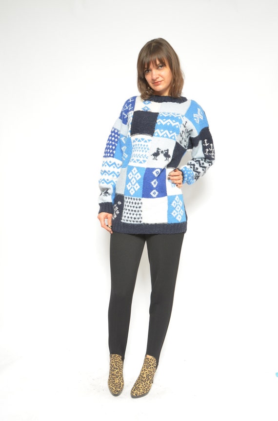 Winter Wool Sweater / Vintage 90s Patchwork Multi… - image 6