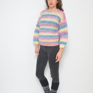 Pastel Rainbow Sweater / Vintage 90s Crochet Colorful Oversized Pullover Size Small image 5