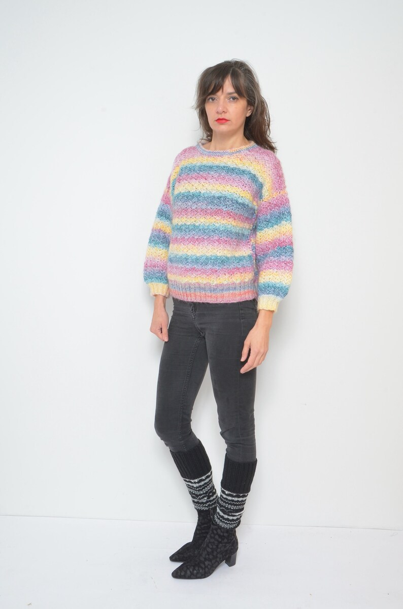 Pastel Rainbow Sweater / Vintage 90s Crochet Colorful Oversized Pullover Size Small image 5