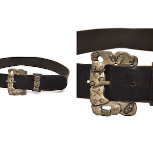 Vintage 90&#39;s Black Leather Belt with Large Silver Metal Buckle and Chunky Pagan Goth Design