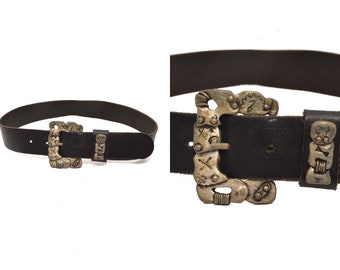 90s Black Genuine Leather Silver Floral Embellished Buckle  display picture 2