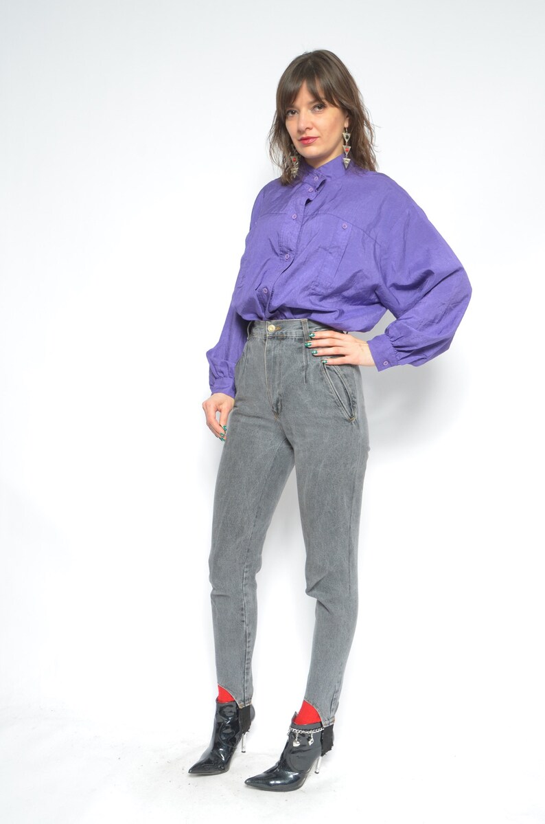 Big Sleeve Button Blouse Vintage 80s Oversized Silk Like Long Sleeve Purple Shirt Large Sleeve Top Size Extra Large