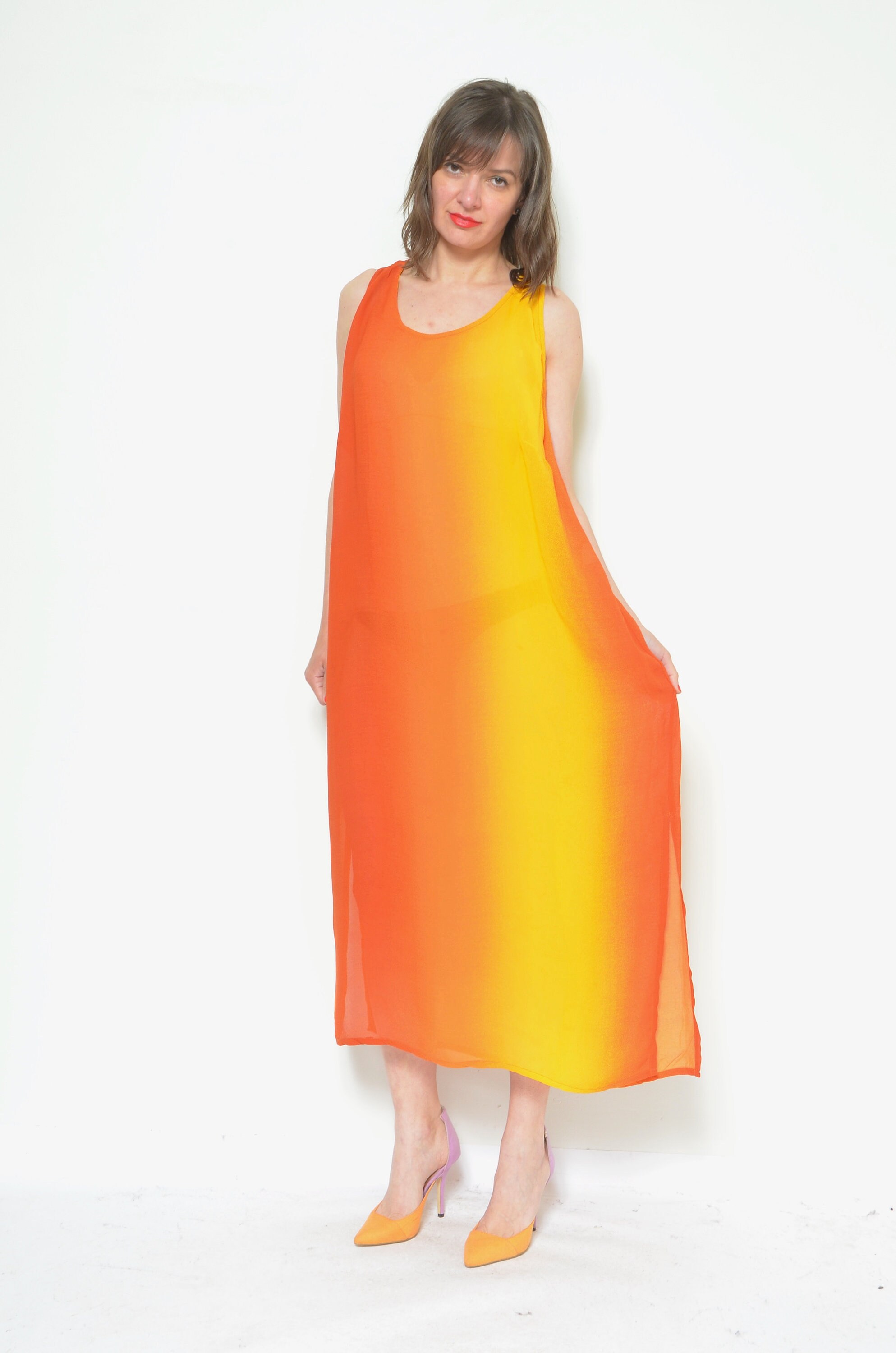 Sheer Mesh Long Dress / Vintage 90s Sleeveless See Through Maxi Dress - Size L/XL