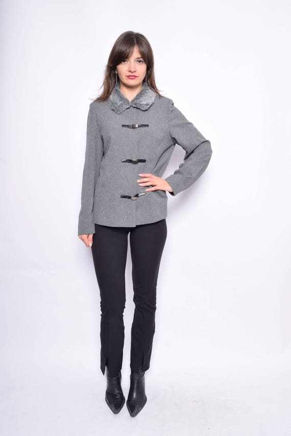 Vintage 90's Gray Classic Jacket / Fur Collar Jacket - Size Large