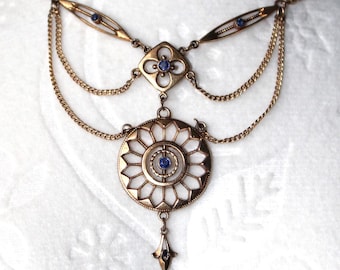 Flawless Belle Epoque Edwardian Antique Gold Filled Sapphire Blue Paste Necklace